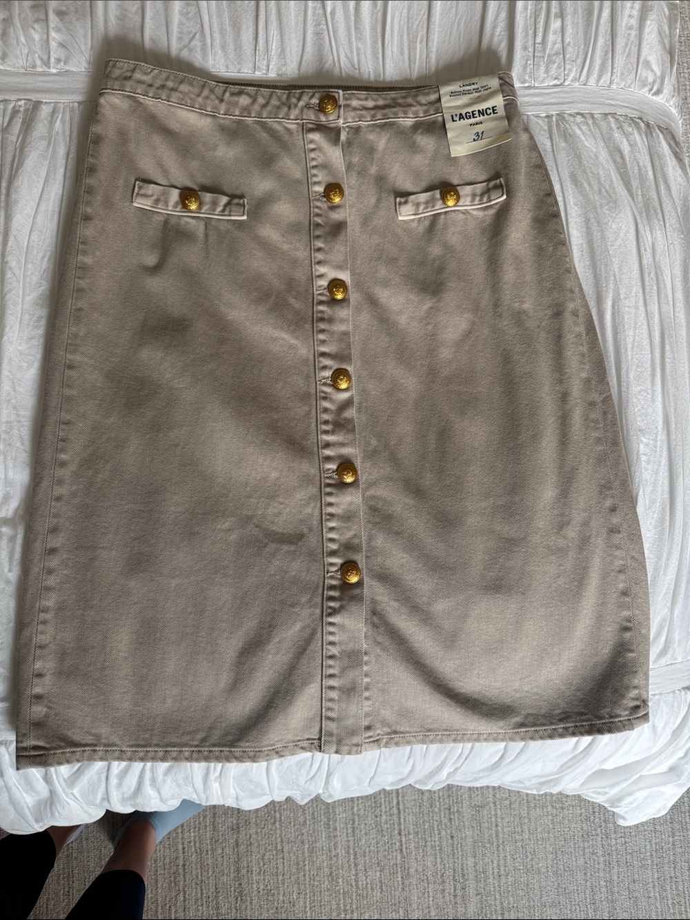 L'AGENCE Taupe Button-Front Midi Skirt with Gold Buttons